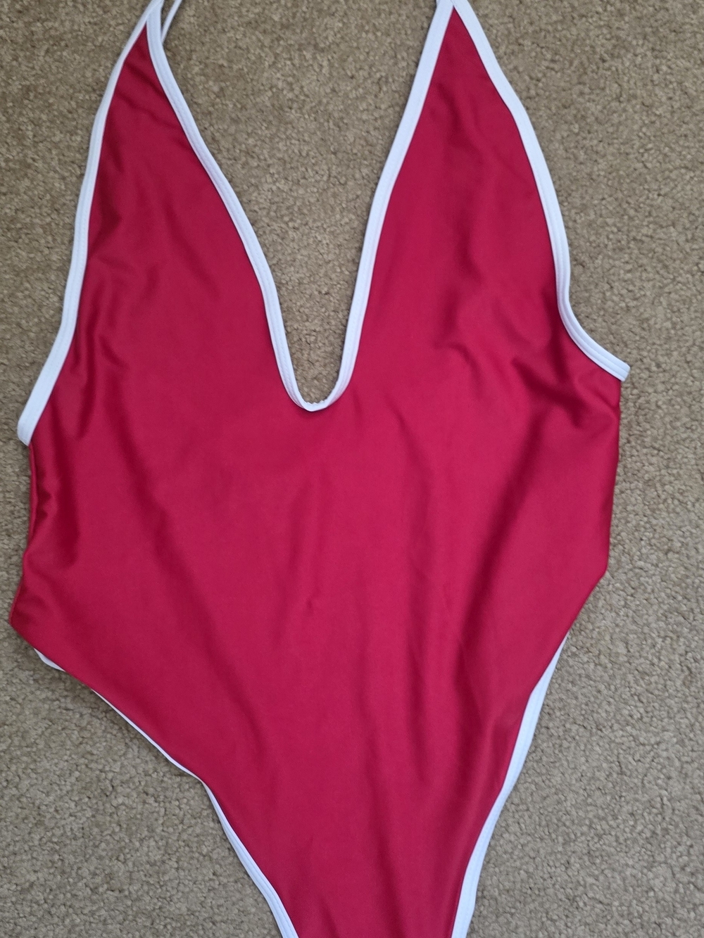 Red One-Piece Swimsuit with White Trim High Wasted Thong